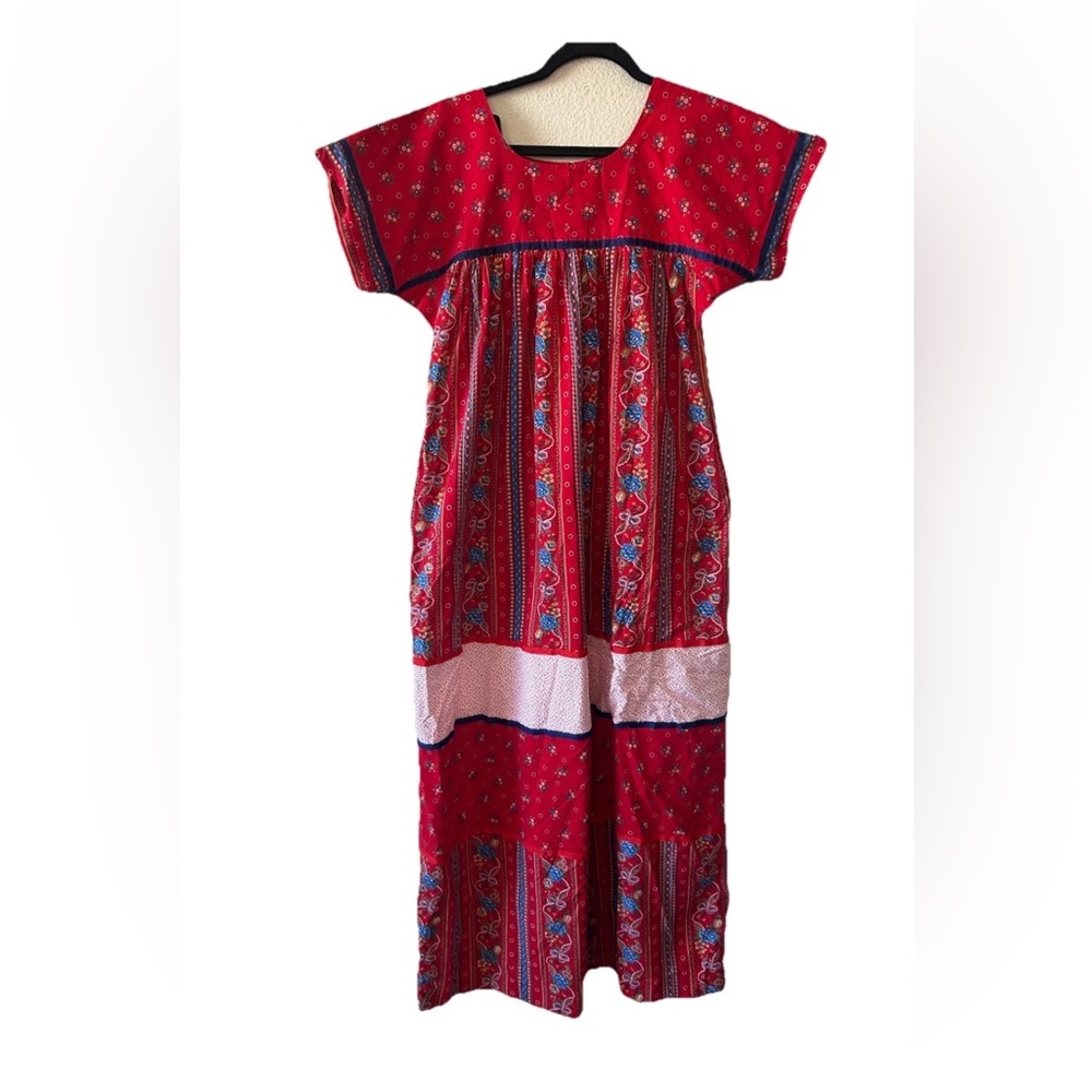 VTG 70s Patchwork Kaftan Maxi Dress Cottagecore Muumuu Pockets Bohemian M/L